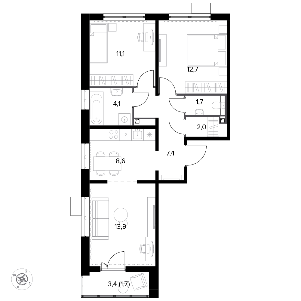 3 комн. квартира, 76.7 м², 2 этаж 