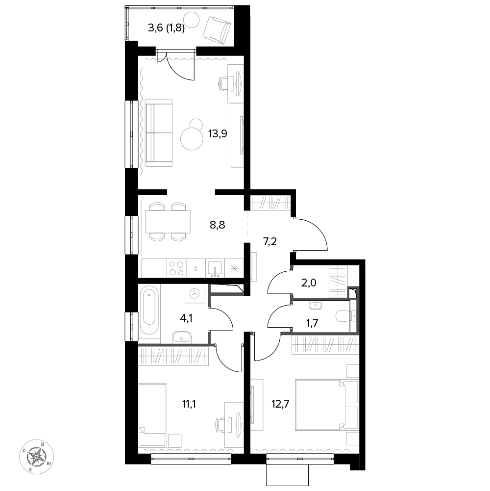 3 комн. квартира, 77.8 м², 11 этаж 