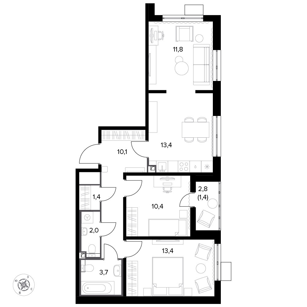 3 комн. квартира, 83.7 м², 13 этаж 