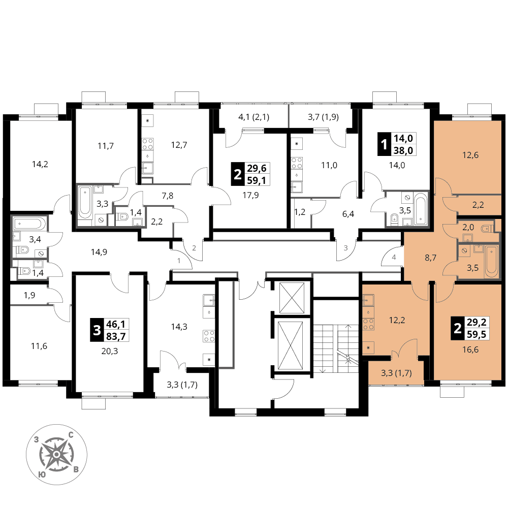 2 комн. квартира, 59.5 м², 14 этаж 