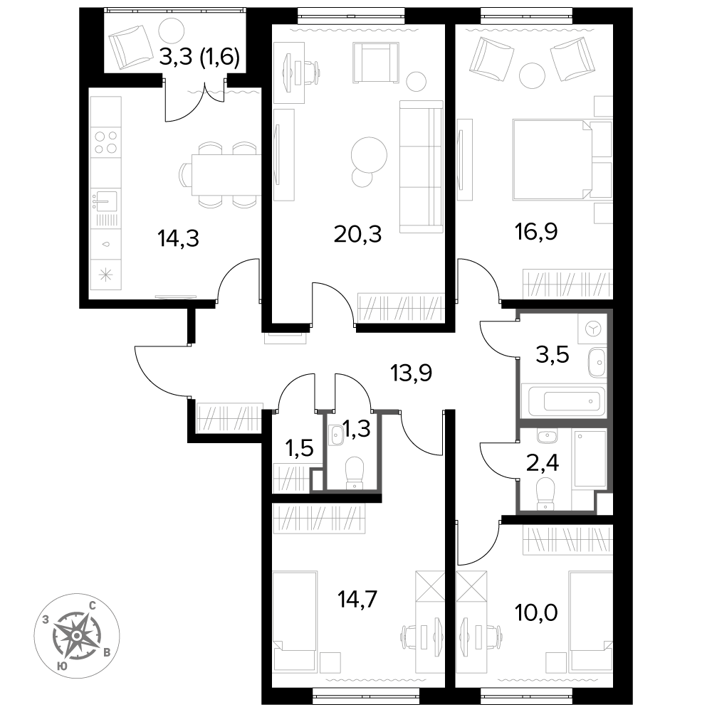 4 комн. квартира, 100.7 м², 18 этаж 