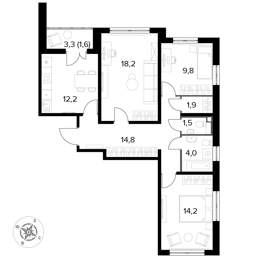 3 комн. квартира, 78.3 м², 23 этаж 