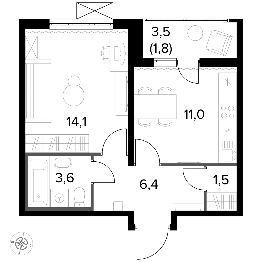 1 комн. квартира, 38.1 м², 13 этаж 