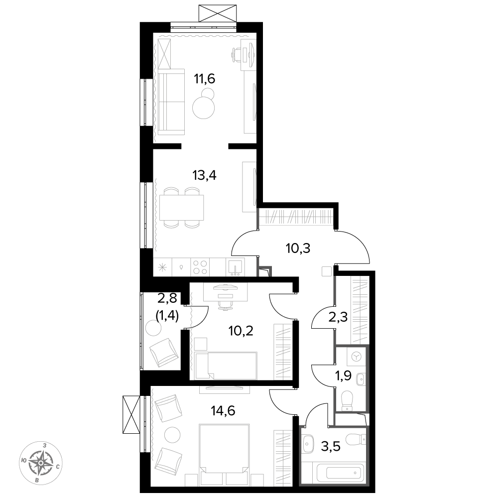 3 комн. квартира, 69.3 м², 8 этаж 