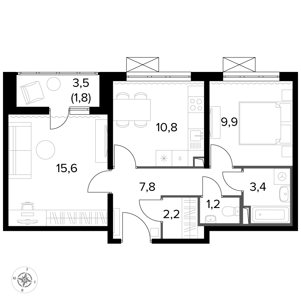 2 комн. квартира, 52.7 м², 18 этаж 