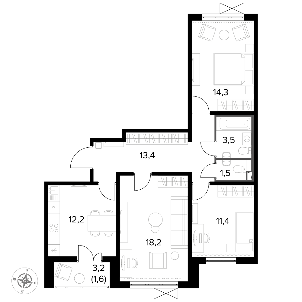 3 комн. квартира, 76.1 м², 21 этаж 