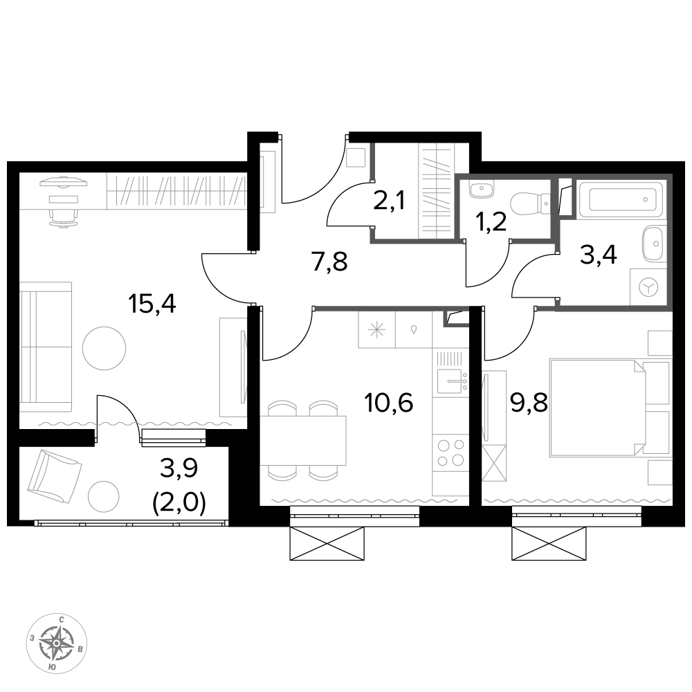 2 комн. квартира, 52.4 м², 5 этаж 