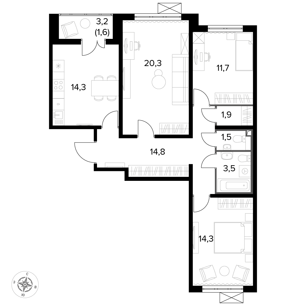 3 комн. квартира, 83.7 м², 15 этаж 