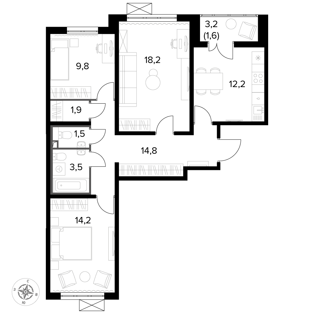 3 комн. квартира, 77.6 м², 22 этаж 