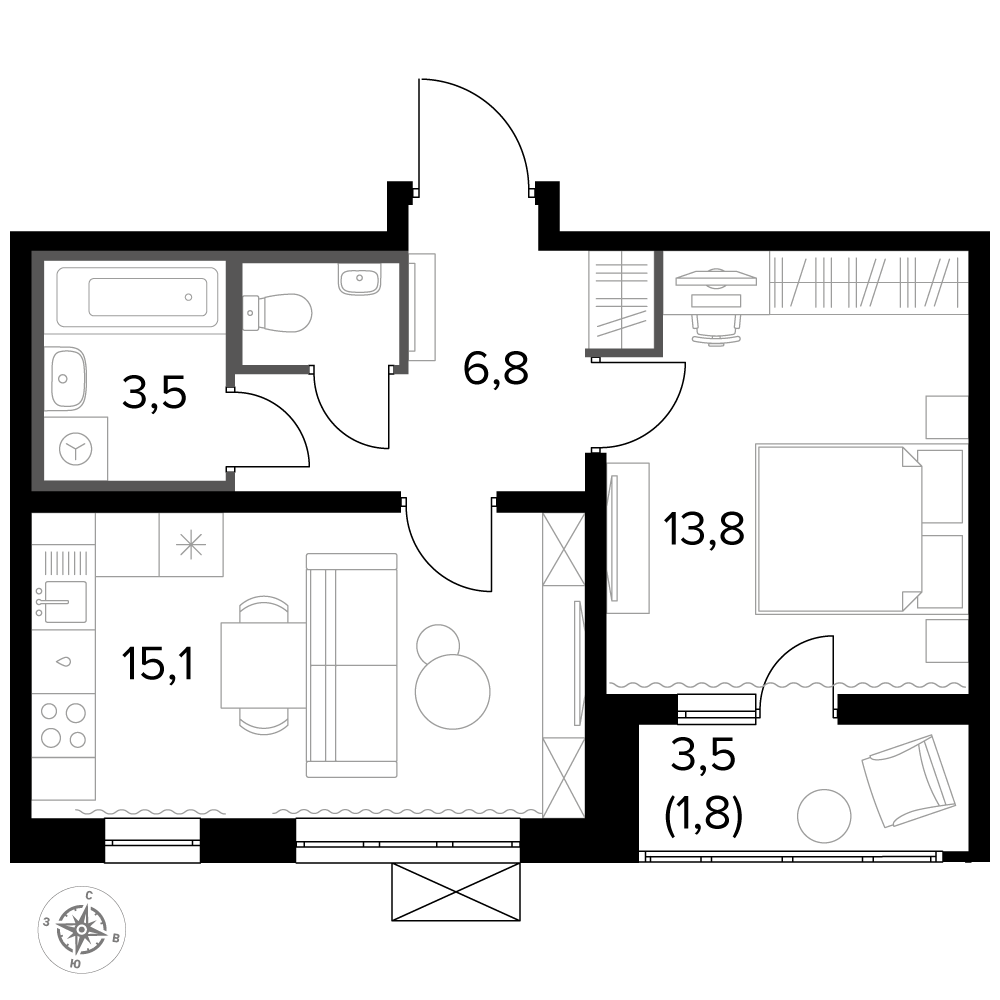 1 комн. квартира, 42.3 м², 10 этаж 