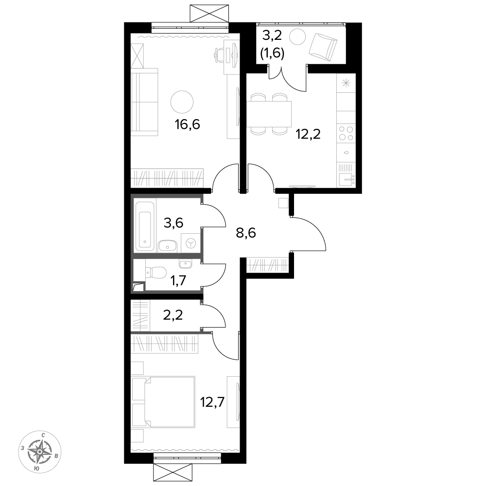 2 комн. квартира, 59.4 м², 16 этаж 
