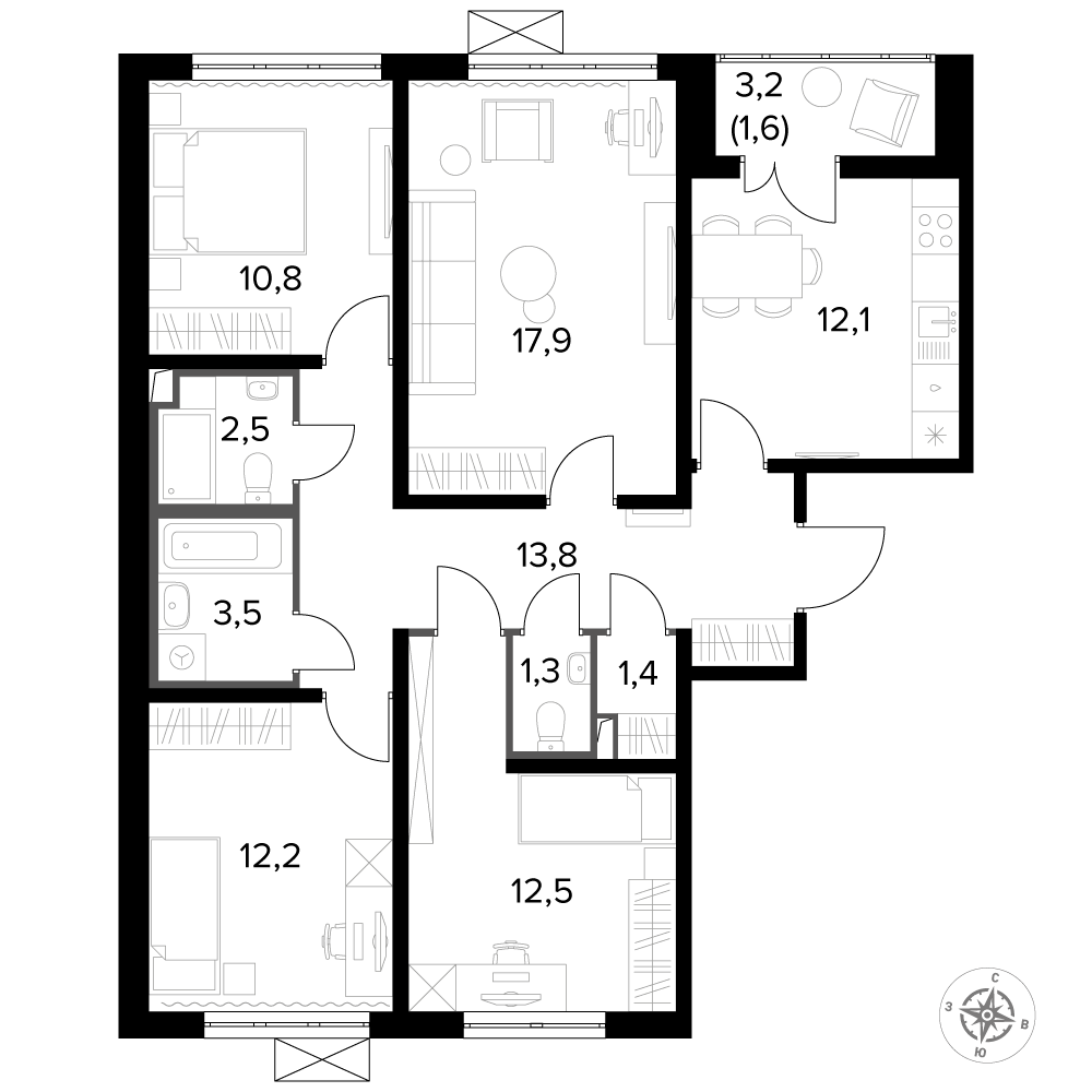 4 комн. квартира, 89.7 м², 7 этаж 