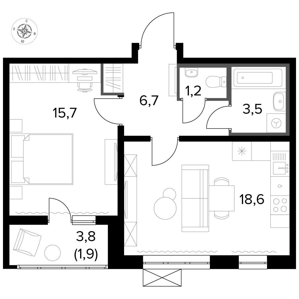 1 комн. квартира, 47.1 м², 3 этаж 