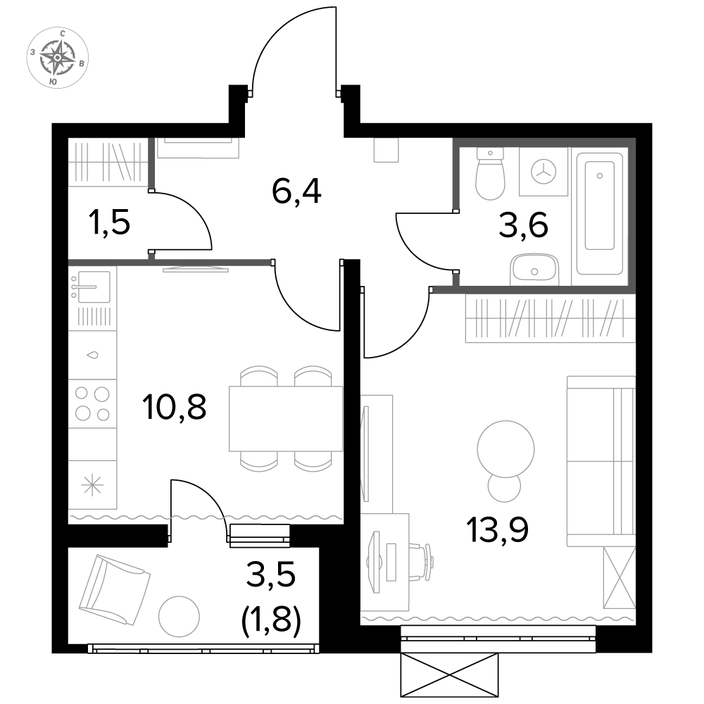 1 комн. квартира, 37.7 м², 2 этаж 