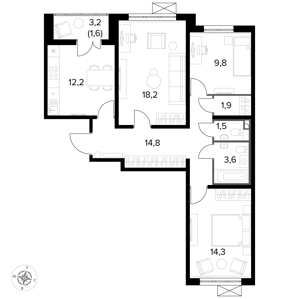 3 комн. квартира, 77.7 м², 23 этаж 