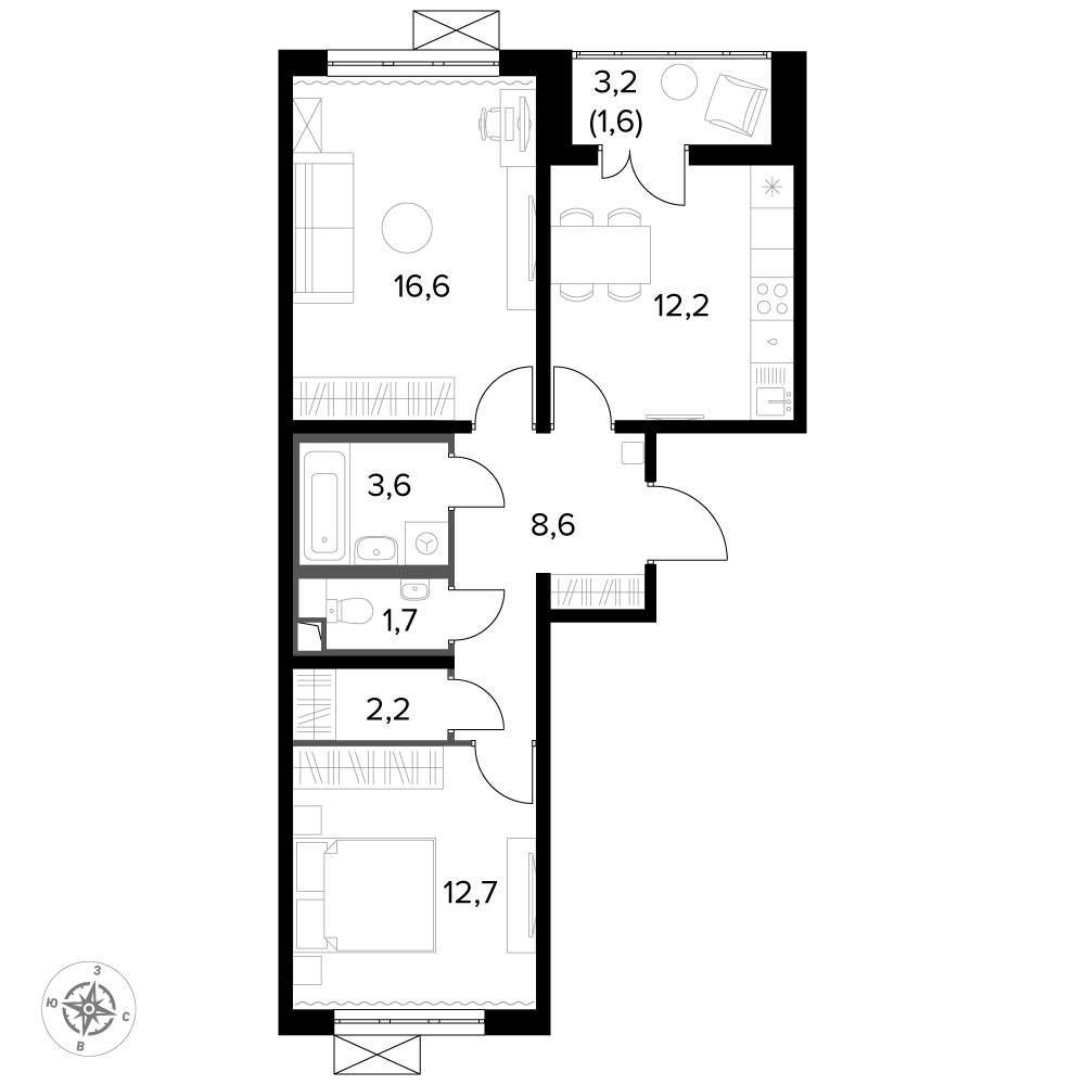 2 комн. квартира, 59.4 м², 22 этаж 