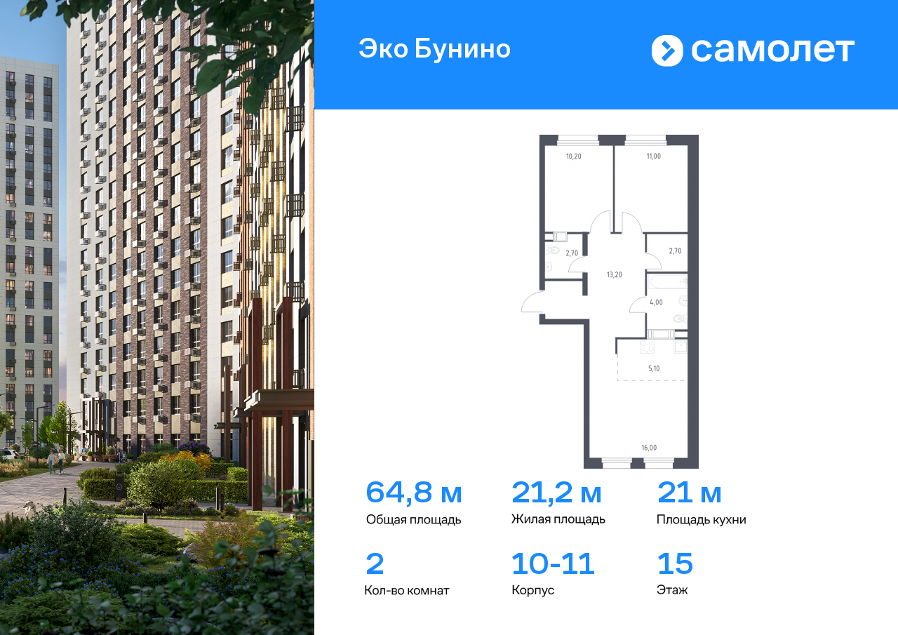 2 комн. квартира, 64.8 м², 15 этаж  (из 16)