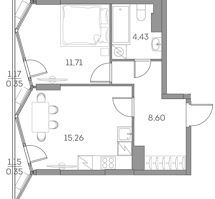 1 комн. квартира, 40.7 м², 9 этаж 
