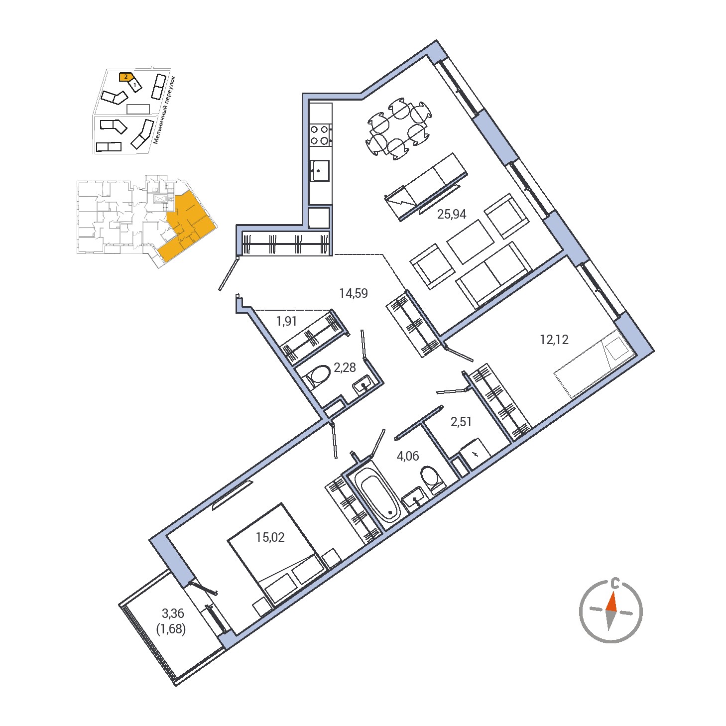 2 комн. квартира, 83.4 м², 1 этаж 