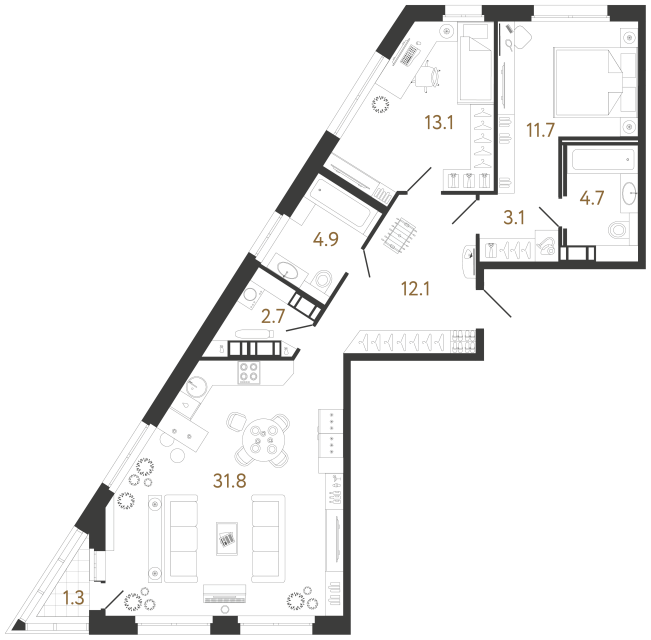 2 комн. квартира, 84.1 м², 13 этаж 