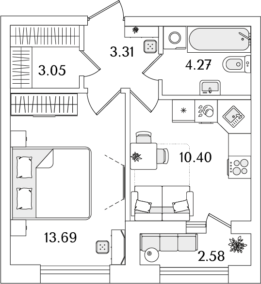 1 комн. квартира, 36 м², 2 этаж 
