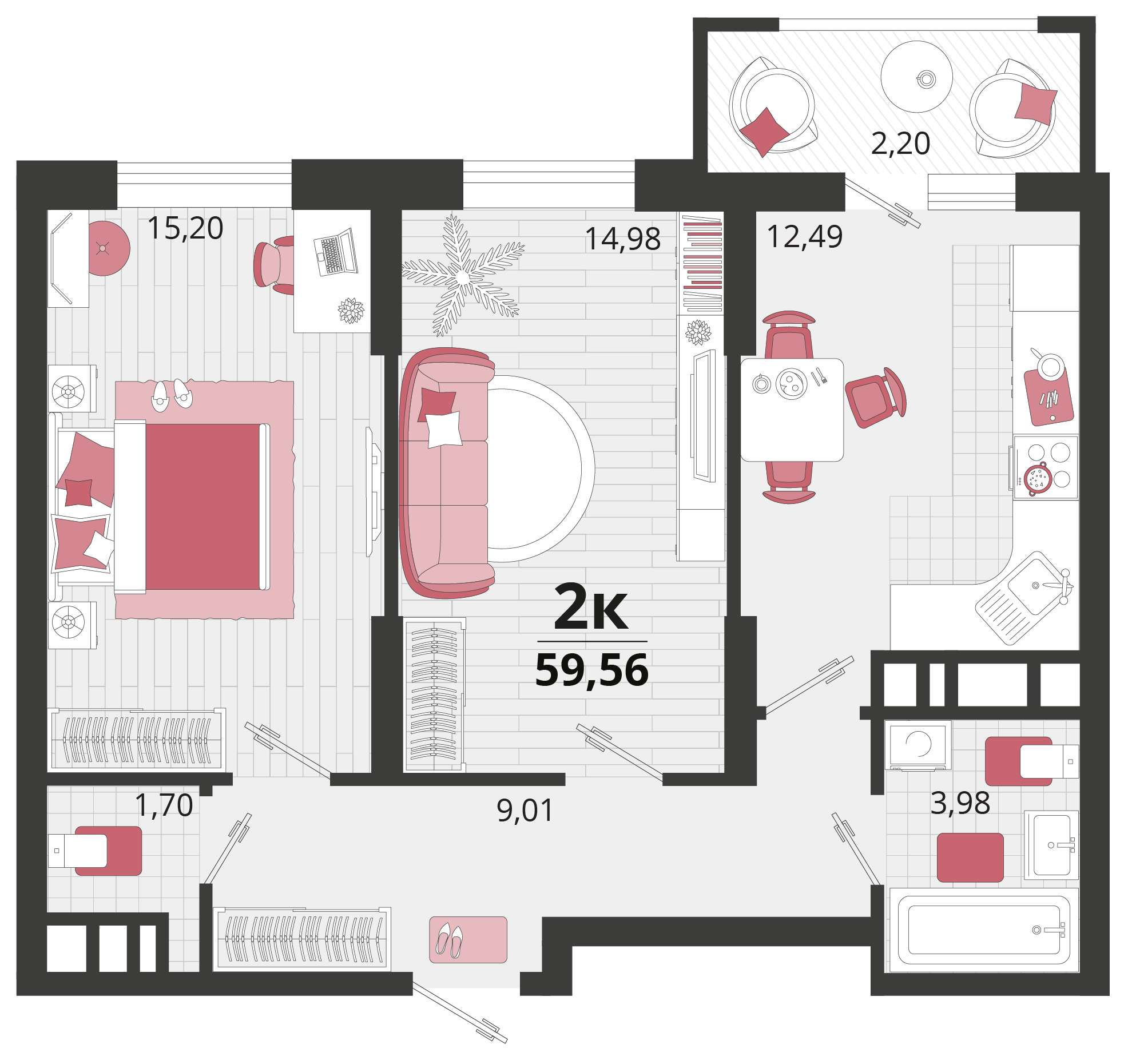 2 комн. квартира, 59.6 м², 11 этаж 
