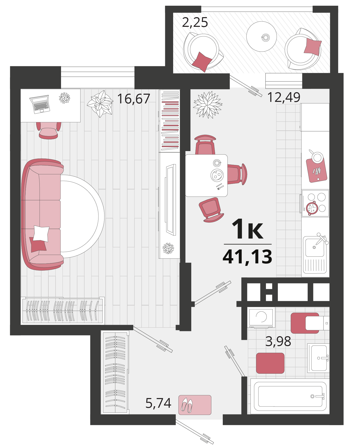 1 комн. квартира, 41.1 м², 15 этаж 