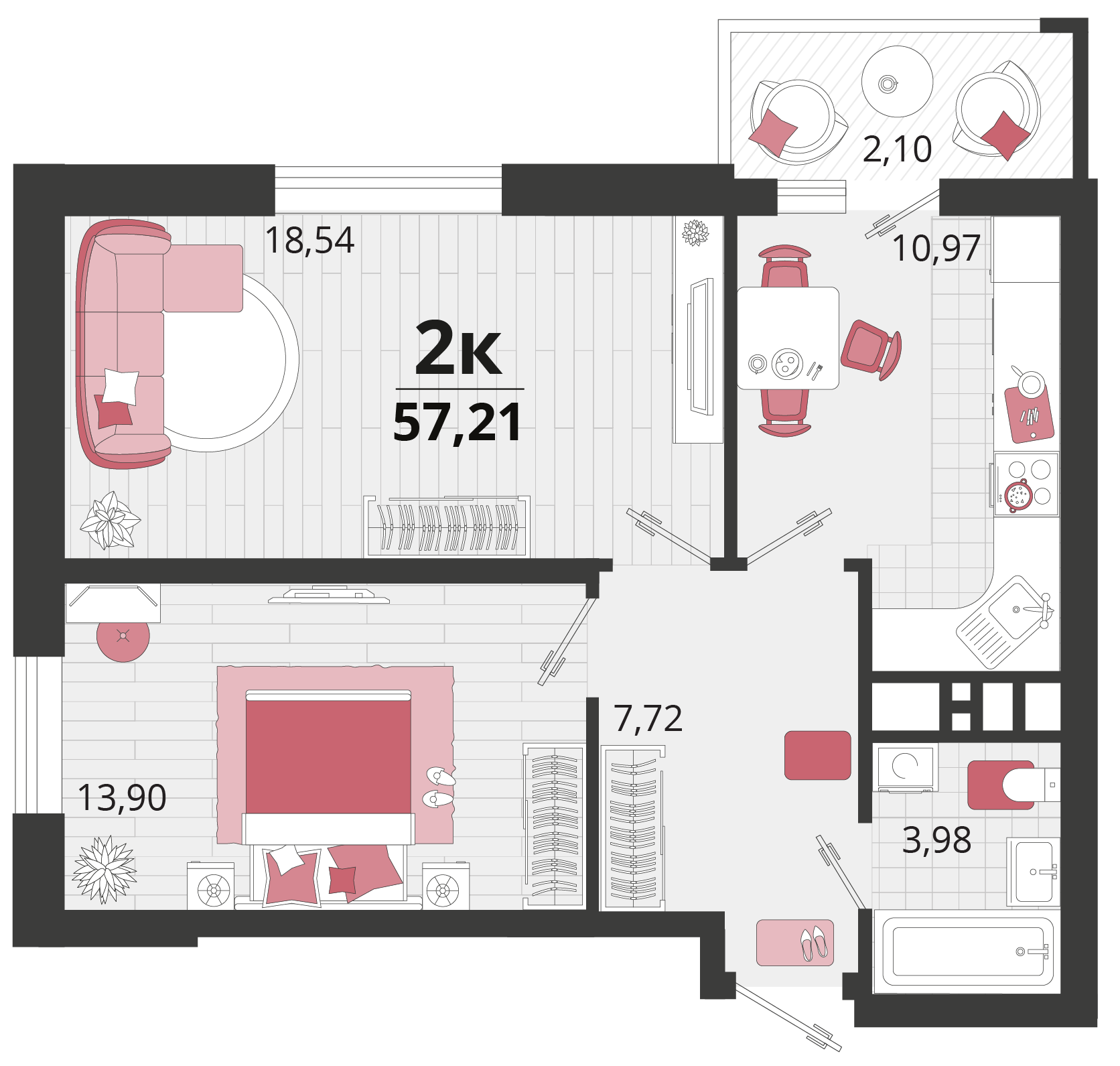 2 комн. квартира, 57.2 м², 11 этаж 