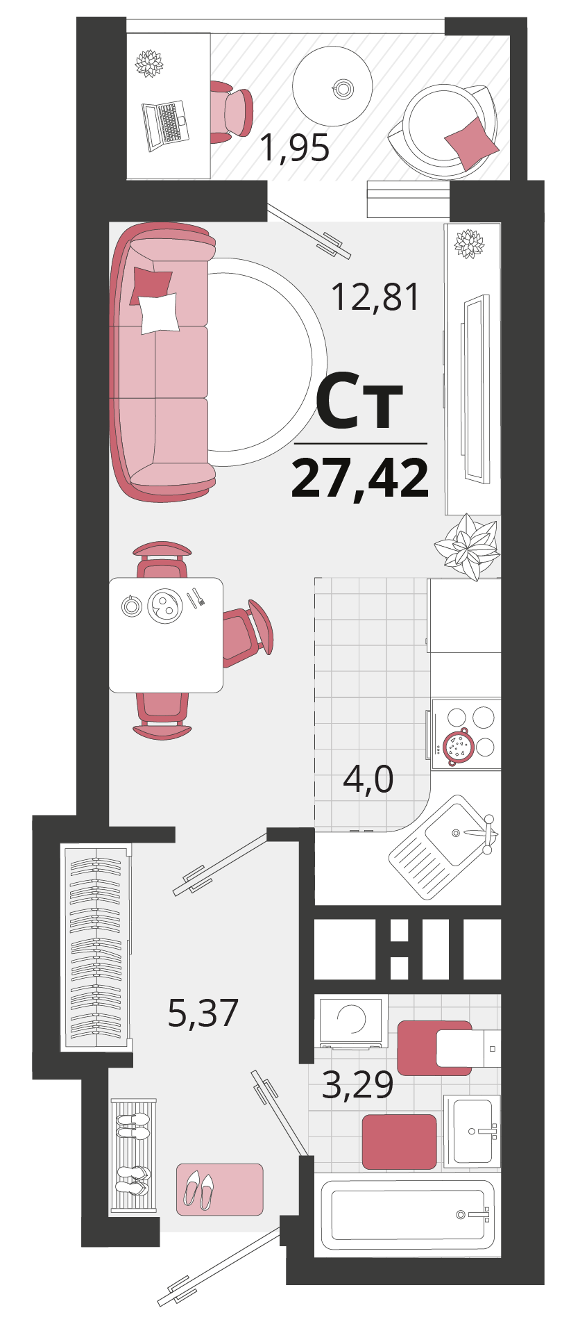 1 комн. квартира, 27.4 м², 10 этаж 