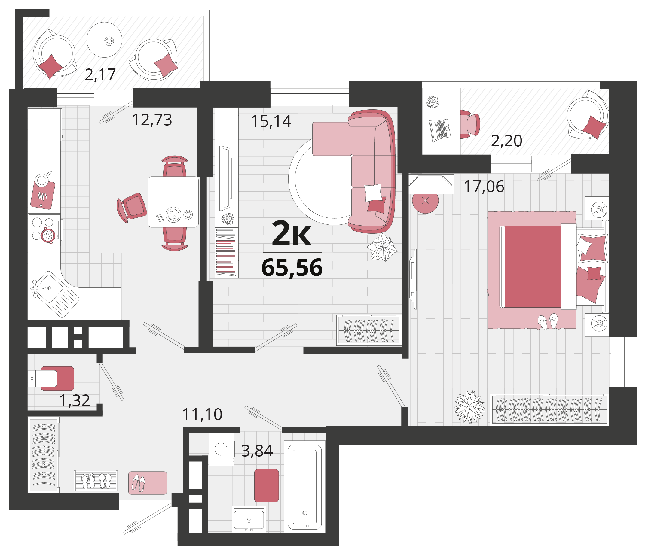2 комн. квартира, 65.6 м², 10 этаж 