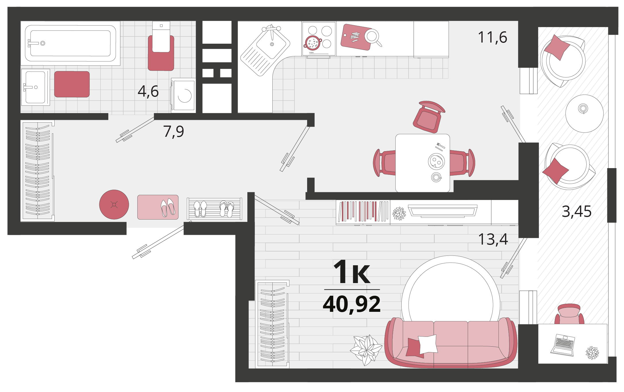 1 комн. квартира, 40.9 м², 2 этаж 