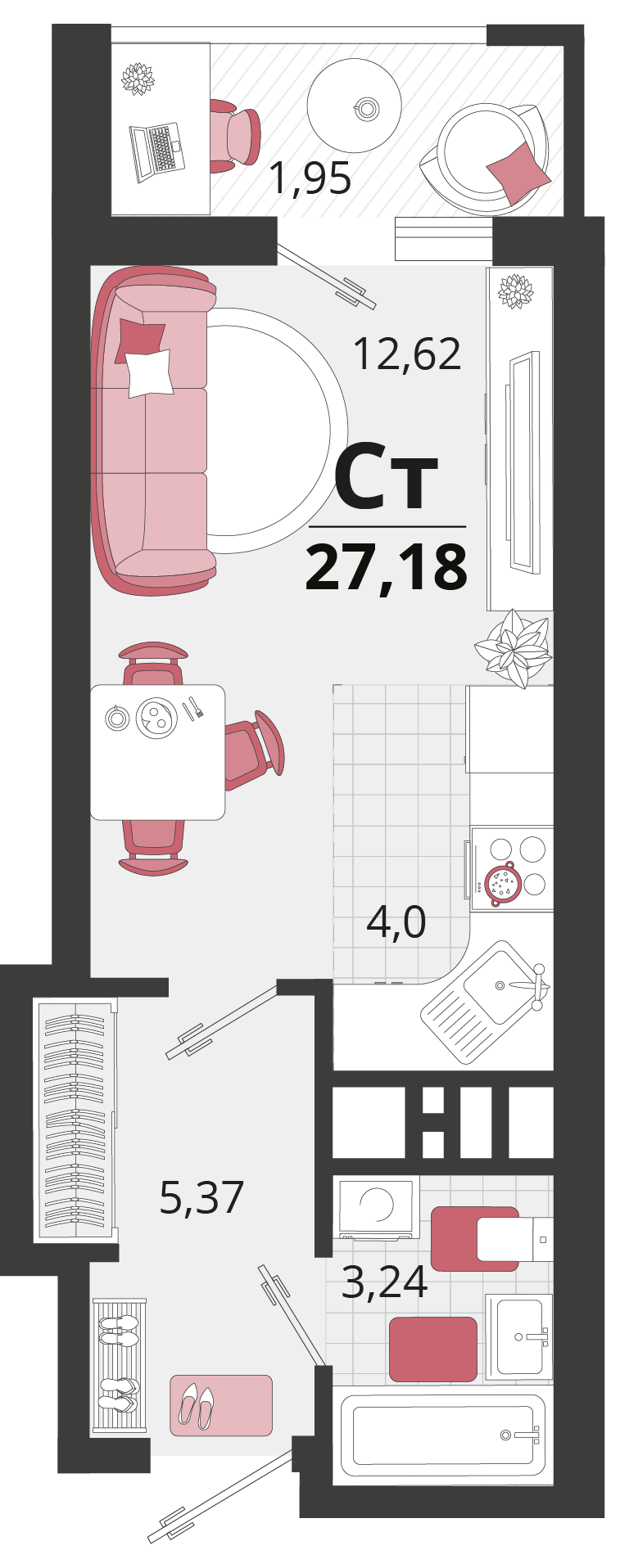 1 комн. квартира, 27.2 м², 2 этаж 