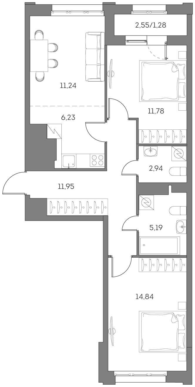 3 комн. квартира, 65.5 м², 11 этаж 
