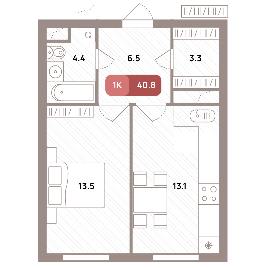 1 комн. квартира, 40.8 м², 23 этаж 