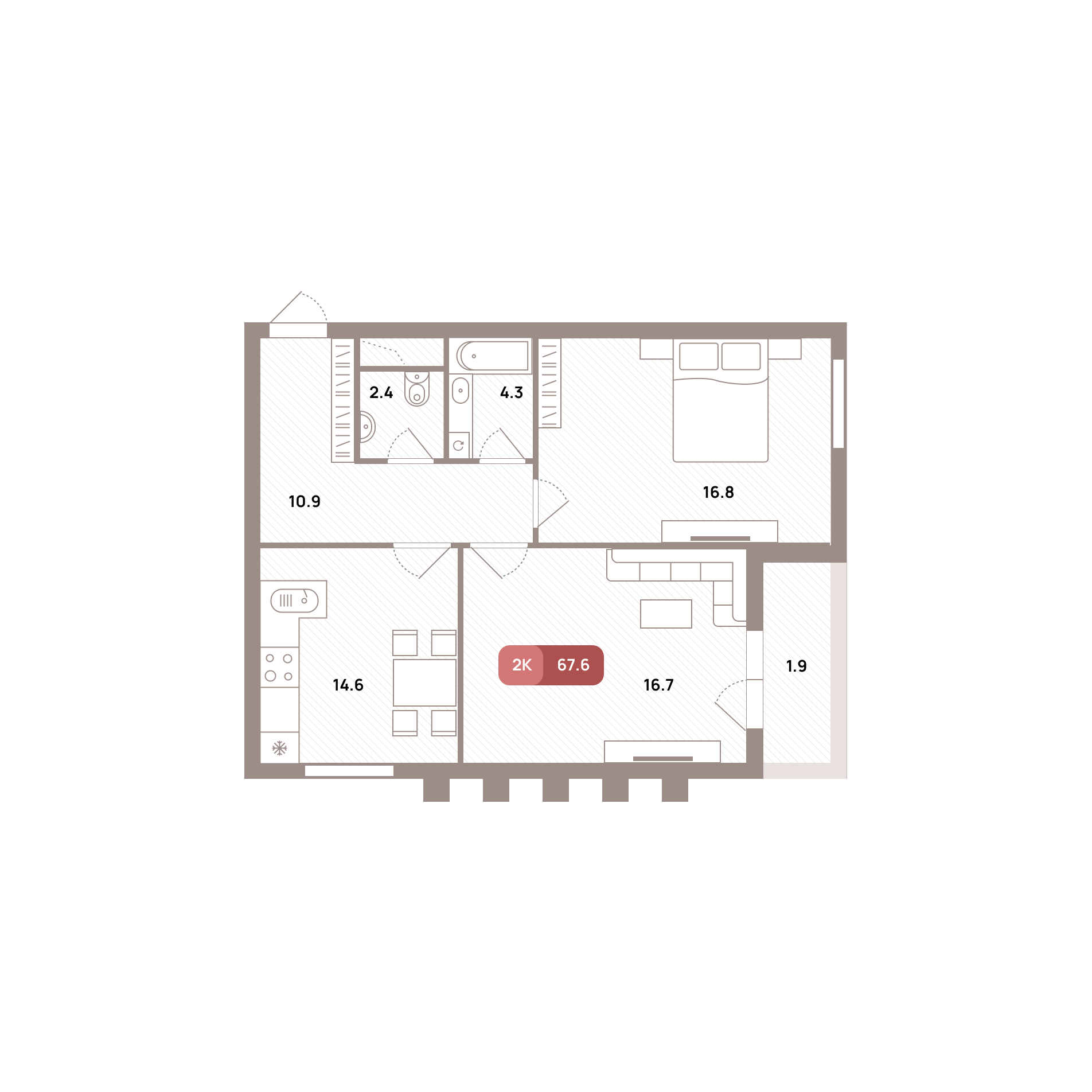 2 комн. квартира, 67.6 м², 13 этаж 