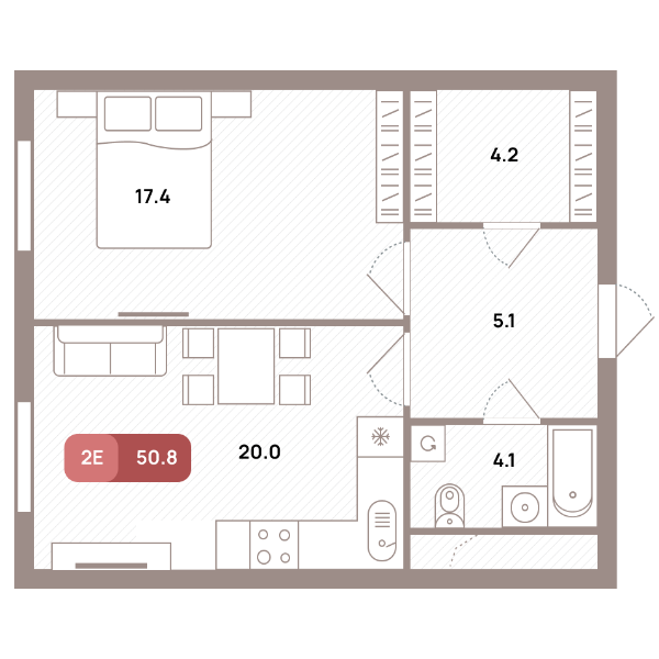 2 комн. квартира, 50.8 м², 18 этаж 
