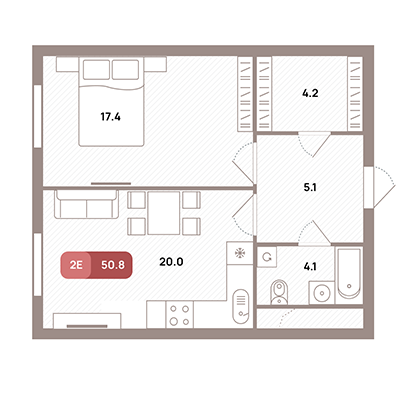 2 комн. квартира, 50.8 м², 25 этаж 