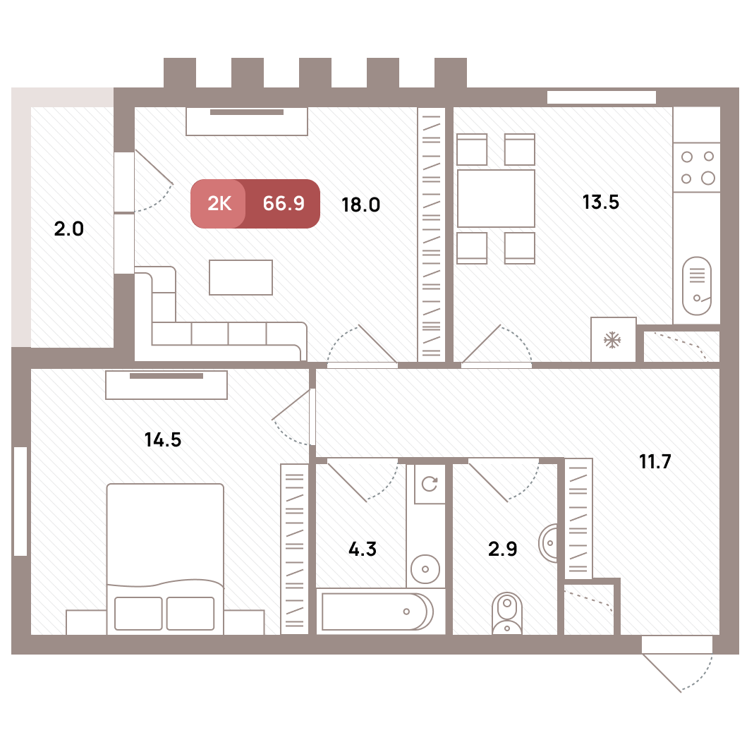 2 комн. квартира, 66.9 м², 14 этаж 