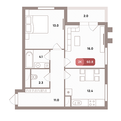 2 комн. квартира, 60.8 м², 25 этаж 