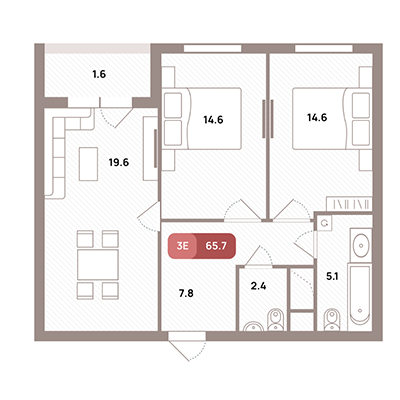3 комн. квартира, 65.7 м², 25 этаж 