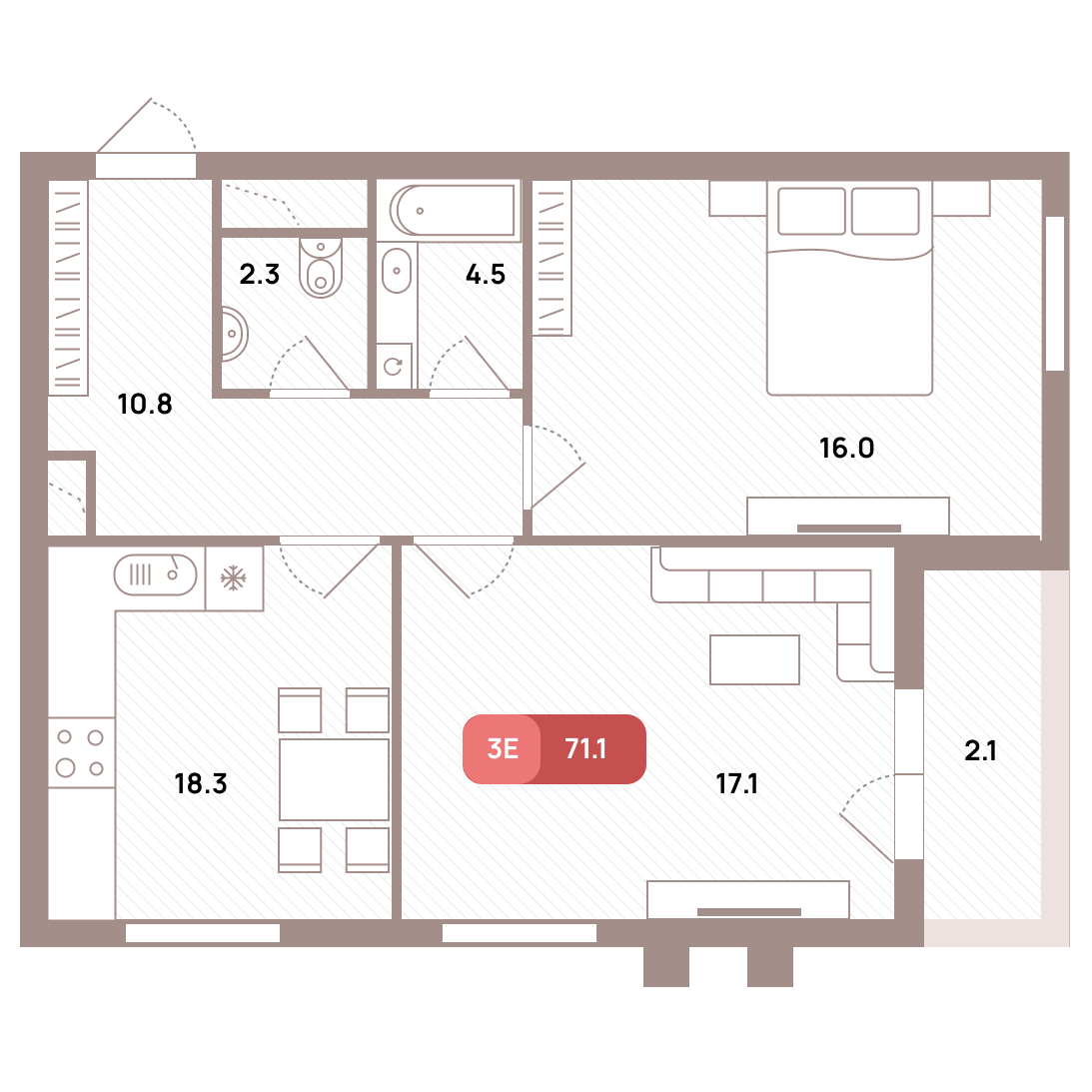 3 комн. квартира, 71.1 м², 20 этаж 