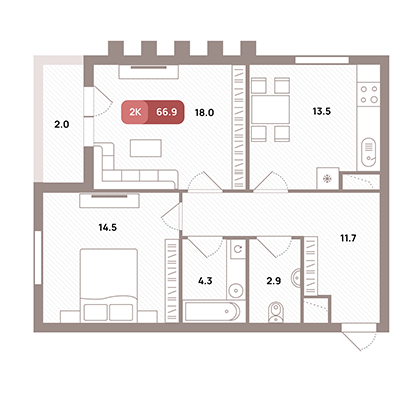 2 комн. квартира, 66.9 м², 25 этаж 