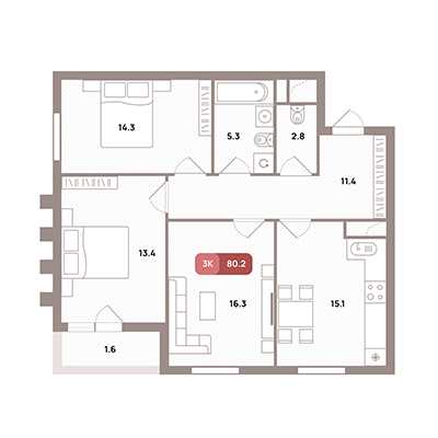 3 комн. квартира, 80.2 м², 32 этаж 