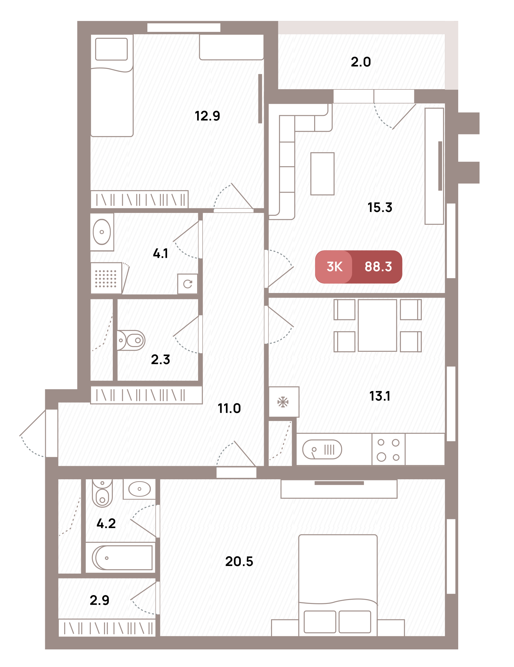3 комн. квартира, 88.3 м², 32 этаж 