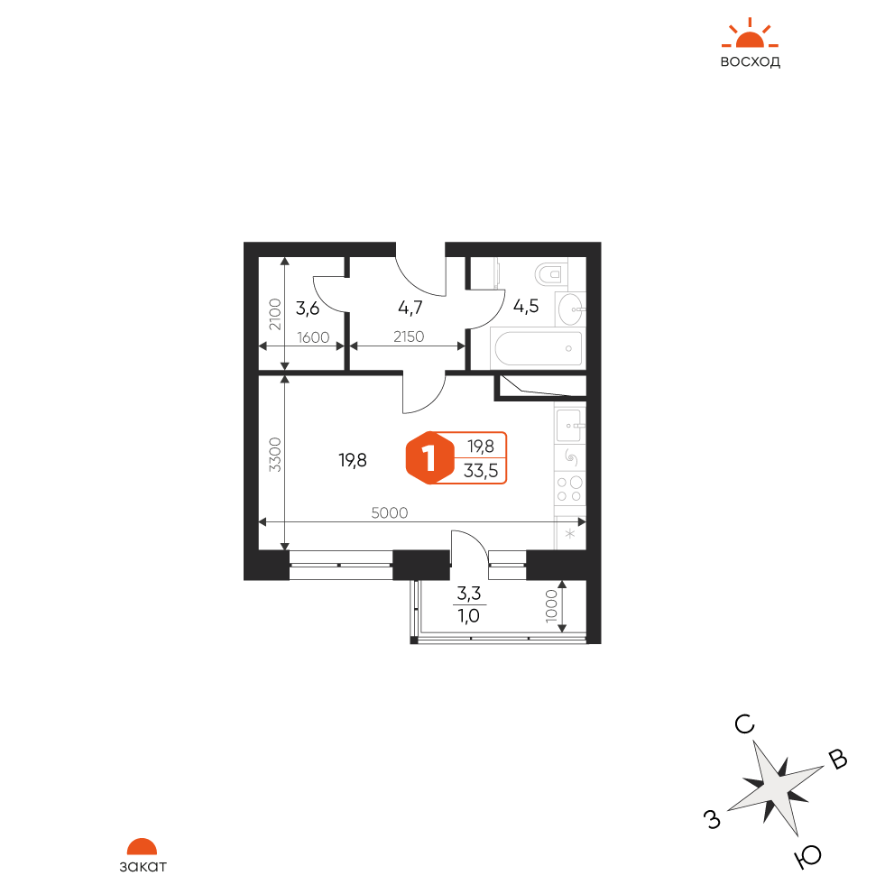 1 комн. квартира, 33.5 м², 8 этаж 