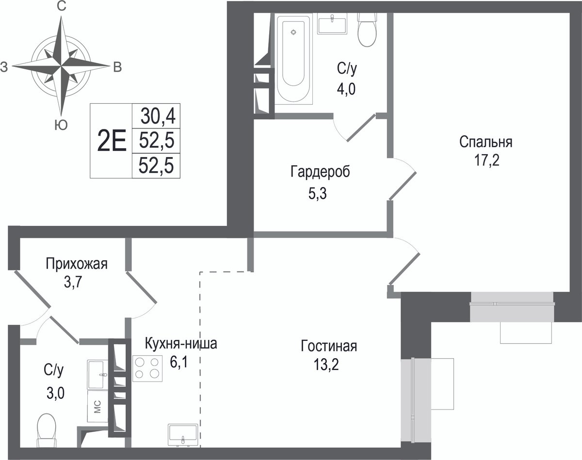 2 комн. квартира, 52.5 м², 7 этаж 