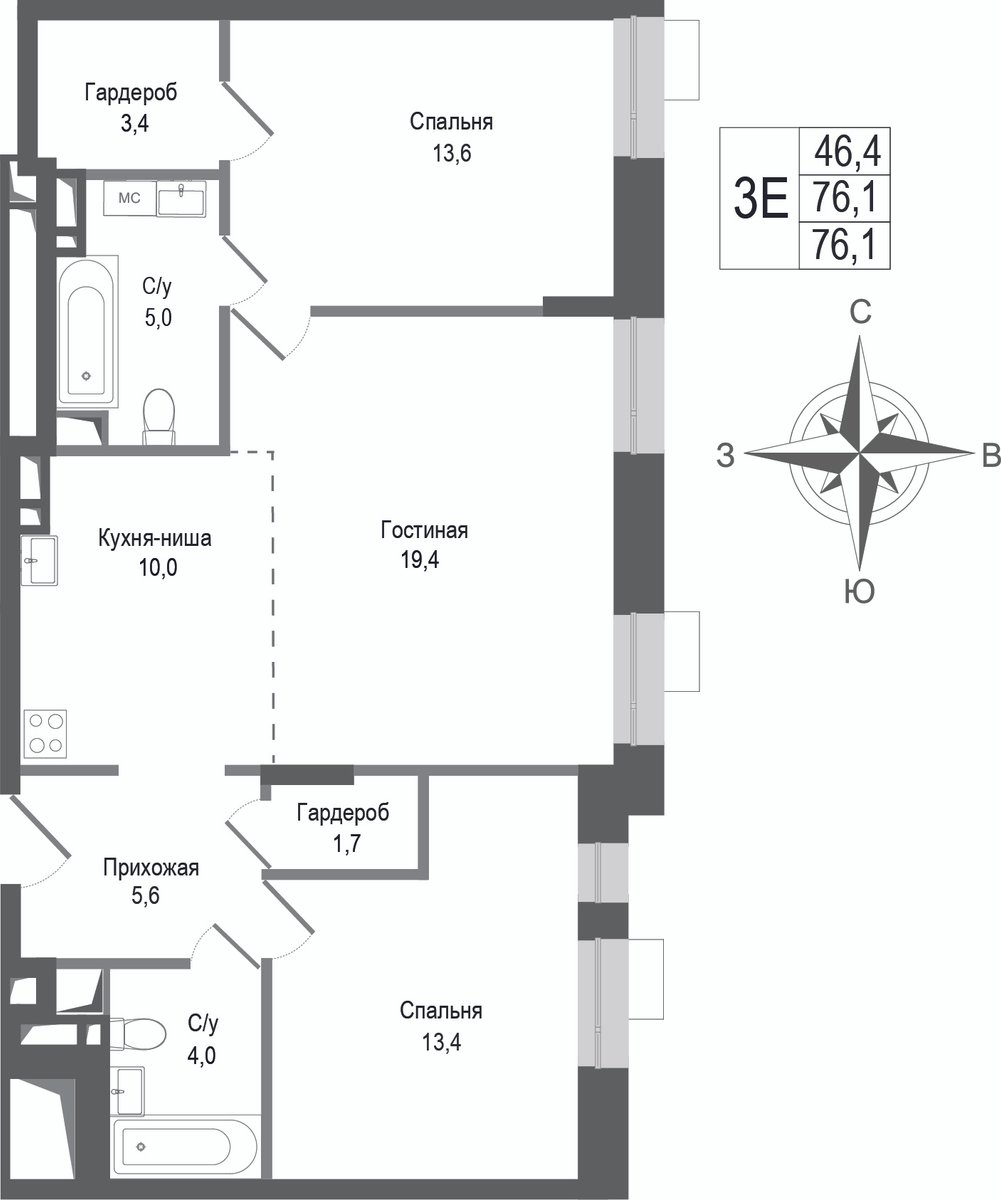 3 комн. квартира, 76.1 м², 1 этаж 