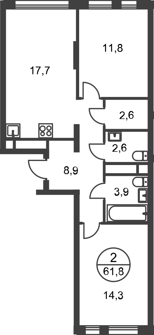2 комн. квартира, 61.8 м², 16 этаж  (из 17)
