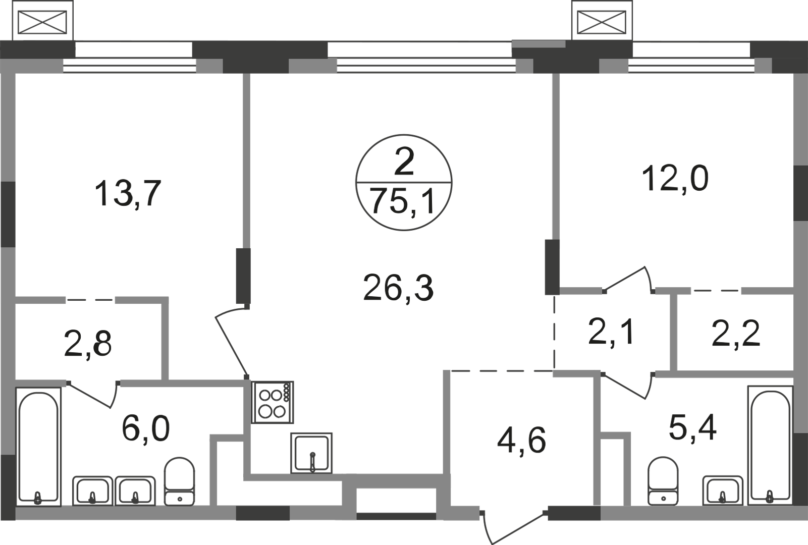 2 комн. квартира, 75.1 м², 9 этаж  (из 9)