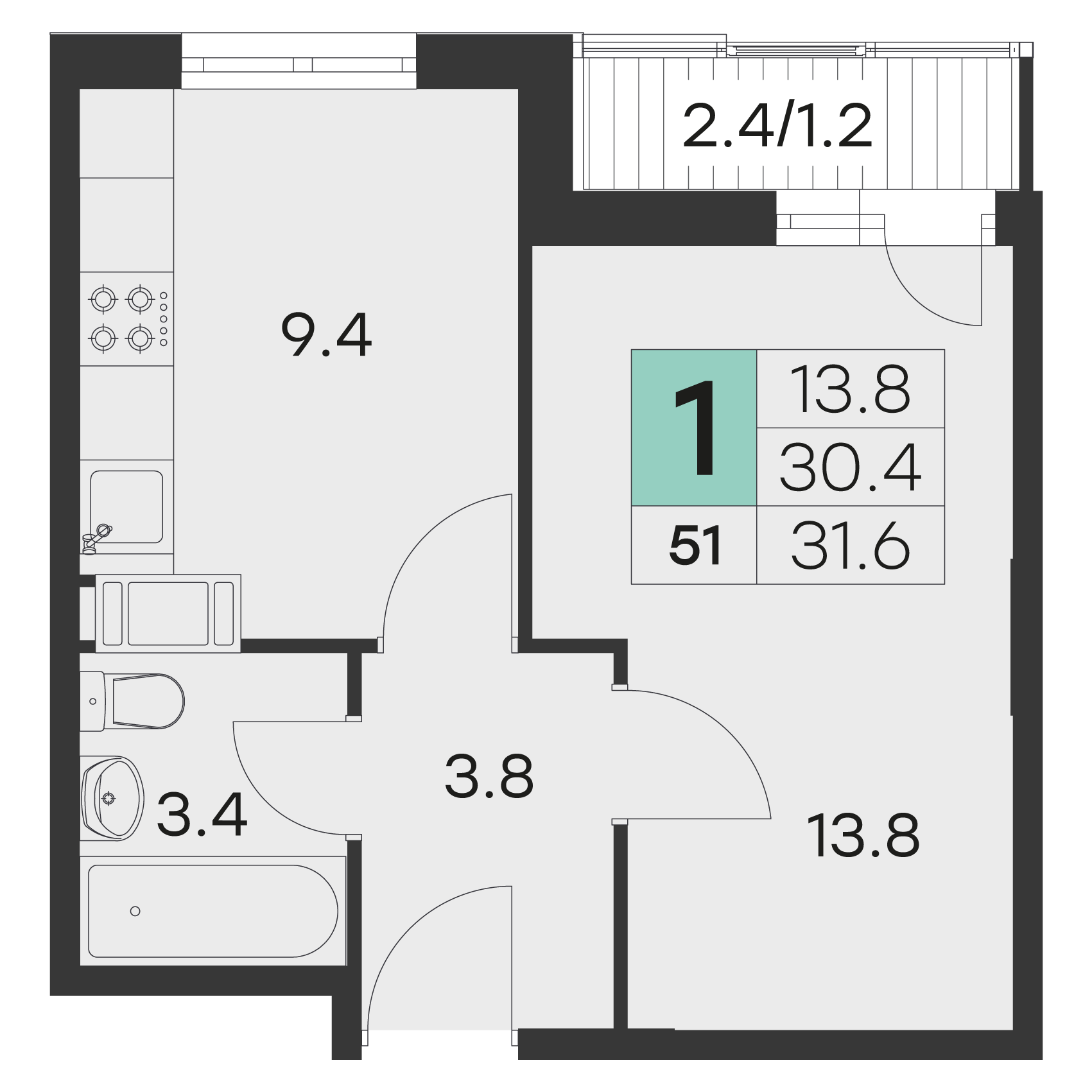 1 комн. квартира, 31.6 м², 9 этаж 
